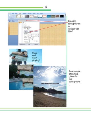 purpose they wanted to address. The students were responsible for their photos/ images.The students were keenly aware of the writing process. After initial brainstorming, students were required to plan their content and organization. These drafts varied in detail and complexity, depending on the students’ writing experience. The high school students were able to plan without formal written drafts.Plans do not have to be formal or follow a rigid format.The books were created using PowerPoint 2007.  We taught two of the middle school girls to make a basic template. The template established a simple picture book format with text on the left-hand pages and digital image/picture placeholders on the right-hand pages. There was a title page at the beginning and an author page at the end.  The books were 20 pages long and primarily 9”x 7”. 23