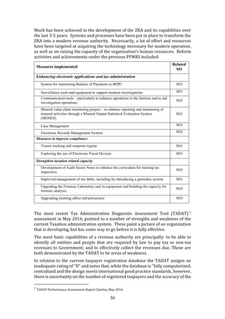 36
Much has been achieved in the development of the ZRA and its capabilities over
the last 3-5 years. Systems and processes have been put in place to transform the
ZRA into a modern revenue authority. Necessarily, a lot of effort and resources
have been targeted at acquiring the technology necessary for modern operation,
as well as on raising the capacity of the organisation’s human resources. Reform
activities and achievements under the previous PFMRS included:
Measures implemented
Related
SO
Enhancing electronic applications and tax administration
System for monitoring Balance of Payments (e-BOP) SO1
Surveillance tools and equipment to support taxation investigations SO1
Communication tools – particularly to enhance operations in the districts and to aid
investigation operations.
SO2
Mineral value chain monitoring project – to enhance reporting and monitoring of
mineral activities through a Mineral Output Statistical Evaluation System
(MOSES).
SO1
Case Management SO1
Electronic Records Management System SO2
Measures to improve compliance
Transit tracking and suspense regime SO1
Exploring the use of Electronic Fiscal Devices SO1
Strengthen taxation related capacity
Development of Audit Sector Notes to enhance the curriculum for training tax
inspectors;
SO3
Improved management of tax debts, including by introducing a garnishee system SO1
Upgrading the Forensic Laboratory and its equipment and building the capacity for
forensic analysis.
SO3
Upgrading existing office infrastructure SO3
The most recent Tax Administration Diagnostic Assessment Tool (TADAT) 7
assessment in May 2016, pointed to a number of strengths and weakness of the
current Taxation administration system. These paint a picture of an organization
that is developing, but has some way to go before it is fully effective.
The most basic capabilities of a revenue authority are principally: to be able to
identify all entities and people that are required by law to pay tax or non-tax
revenues to Government; and to effectively collect the revenues due. These are
both demonstrated by the TADAT to be areas of weakness.
In relation to the current taxpayer registration database the TADAT assigns an
inadequate rating of “D” and notes that, while the database is “fully computerized,
centralized and the design meets international good practice standards, however,
there is uncertainty on the number of registered taxpayers and the accuracy of the
7 TADAT Performance Assessment Report Zambia, May 2016
 