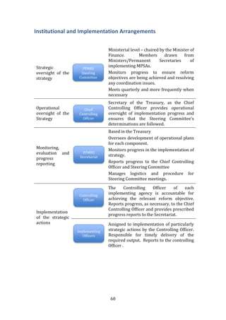 60
Institutional and Implementation Arrangements
Strategic
oversight of the
strategy
Ministerial level – chaired by the Minister of
Finance. Members drawn from
Ministers/Permanent Secretaries of
implementing MPSAs.
Monitors progress to ensure reform
objectives are being achieved and resolving
any coordination issues.
Meets quarterly and more frequently when
necessary
Operational
oversight of the
Strategy
Secretary of the Treasury, as the Chief
Controlling Officer provides operational
oversight of implementation progress and
ensures that the Steering Committee’s
determinations are followed.
Monitoring,
evaluation and
progress
reporting
Based in the Treasury
Oversees development of operational plans
for each component.
Monitors progress in the implementation of
strategy.
Reports progress to the Chief Controlling
Officer and Steering Committee
Manages logistics and procedure for
Steering Committee meetings.
Implementation
of the strategic
actions
The Controlling Officer of each
implementing agency is accountable for
achieving the relevant reform objective.
Reports progress, as necessary, to the Chief
Controlling Officer and provides prescribed
progress reports to the Secretariat.
Assigned to implementation of particularly
strategic actions by the Controlling Officer.
Responsible for timely delivery of the
required output. Reports to the controlling
Officer .
Chief
Controlling
Officer
PFMRS
Secretariat
PFMRS
Steering
Committee
Controlling
Officer
Implementing
Officers
 