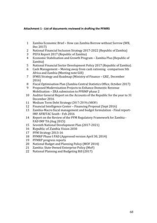 68
Attachment 1 - List of documents reviewed in drafting the PFMRS
1 Zambia Economic Brief – How can Zambia Borrow without Sorrow (WB,
Dec 2017)
2 National Financial Inclusion Strategy 2017-2022 (Republic of Zambia)
3 PEFA Report 2017 (Republic of Zambia)
4 Economic Stabilisation and Growth Program – Zambia Plus (Republic of
Zambia)
5 National Financial Sector Development Policy 2017 (Republic of Zambia).
6 Cash Management – Moving away from cash rationing -comparison Sth
Africa and Zambia (Meeting note GIZ)
7 IFMIS Strategy and Roadmap (Ministry of Finance – GRZ , December
2016)
8 Fiscal Optimisation Plan (Zambia Central Statistics Office, October 2017)
9 Proposed Modernisation Projects to Enhance Domestic Revenue
Mobilisation – ZRA submission to PFRMP phase 2
10 Auditor General Report on the Accounts of the Republic for the year to 31
December 2016
11 Medium Term Debt Strategy (2017-2019) (MOF)
12 Financial Intelligence Center – Financing Proposal (Sept 2016)
13 Zambia-Macro fiscal management and budget formulation - Final report-
IMF AFRITAC South - Feb 2016
14 Report on the Review of the PFM Regulatory Framework for Zambia -
FAD IMF TA (Aug 2015)
15 Seventh National Development Plan (2017-2021)
16 Republic of Zambia Vision 2030
17 PFM Strategy 2013-16
18 PFMRP Phase I PAD (Approved version April 30, 2014)
19 PFMRP progress reports
20 National Budget and Planning Policy (MOF 2014)
21 Zambia: State Owned Enterprise Policy (MoF)
22 National Planning and Budgeting Bill (2017)
 
