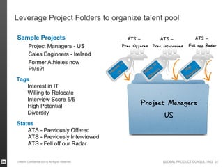 Leverage Project Folders to organize talent pool

Sample Projects                                                ATS –          ATS –                   ATS –
         Project Managers - US                              Prev. Offered Prev. Interviewed       Fell off Radar
         Sales Engineers - Ireland
         Former Athletes now                                in                to
                                                         st                                         h
         PMs?!                                       ere                 ling
                                                                         l       e               Hig tial
                                                  Int IT               Wi locat                       en
                                                                           Re                     Pot
Tags
   Interest in IT
   Willing to Relocate
   Interview Score 5/5
   High Potential                                                    Project Managers
   Diversity
                                                                            US
Status
    ATS - Previously Offered
    ATS - Previously Interviewed
    ATS - Fell off our Radar


LinkedIn Confidential ©2013 All Rights Reserved                                      GLOBAL PRODUCT CONSULTING 25
 