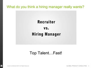 What do you think a hiring manager really wants?




                                                  Top Talent…Fast!

LinkedIn Confidential ©2013 All Rights Reserved                      GLOBAL PRODUCT CONSULTING   3
 