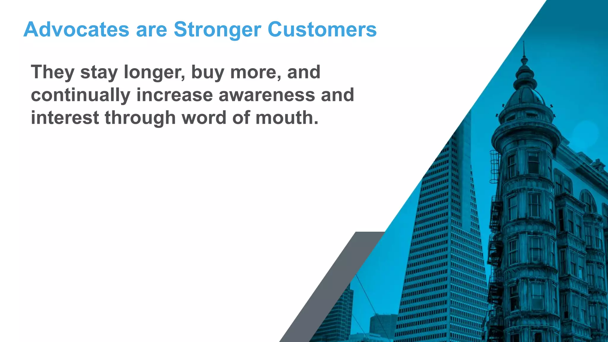 They stay longer, buy more, and
continually increase awareness and
interest through word of mouth.
Advocates are Stronger Customers
 