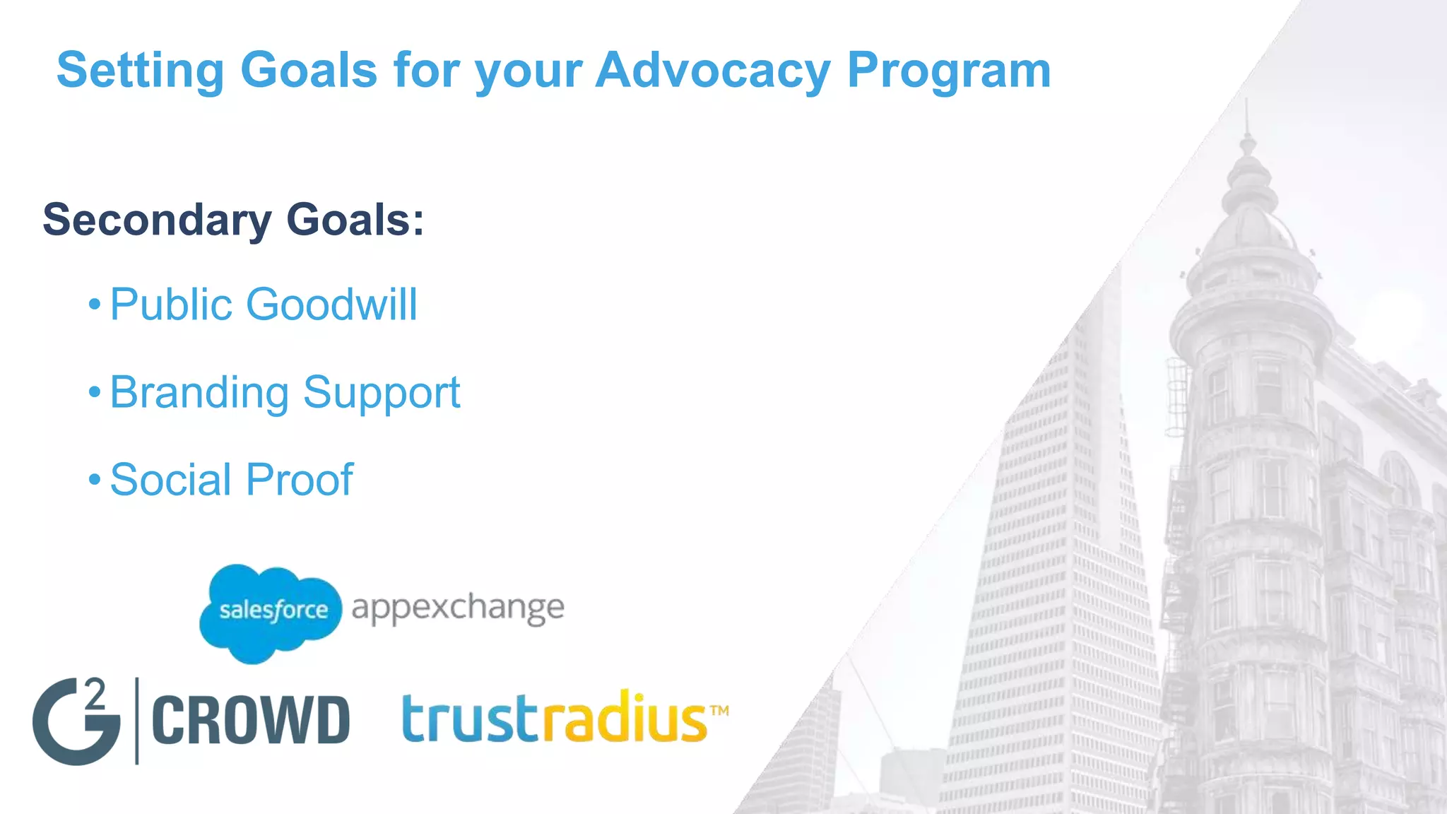 •Public Goodwill
•Branding Support
•Social Proof
Setting Goals for your Advocacy Program
Secondary Goals:
 