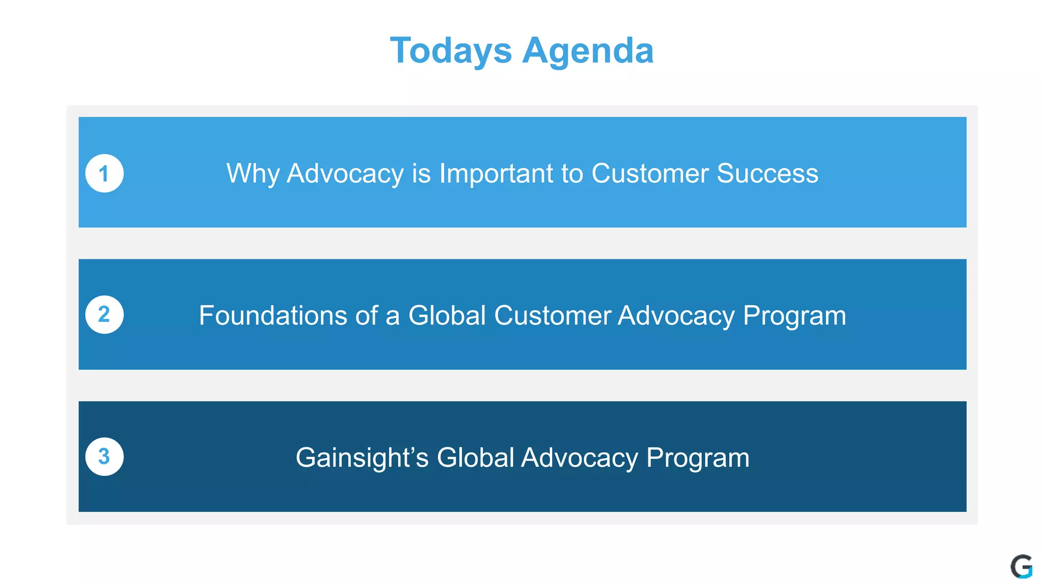 Todays Agenda
Why Advocacy is Important to Customer Success
Gainsight’s Global Advocacy Program
Foundations of a Global Customer Advocacy Program
1
2
3
 