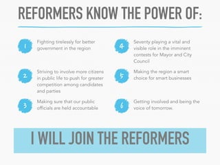 REFORMERS KNOW THE POWER OF: 
Striving to involve more citizens 
in public life to push for greater 
competition among candidates 
and parties 
2 5 
3 
4 
6 
1 
Making the region a smart 
choice for smart businesses 
Fighting tirelessly for better 
government in the region 
Seventy playing a vital and 
visible role in the imminent 
contests for Mayor and City 
Council 
Making sure that our public 
officials are held accountable 
Getting involved and being the 
voice of tomorrow. 
I WILL JOIN THE REFORMERS 
 