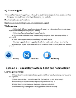 VI) Career support
• Careers office helps and supports you with study abroad/ internship opportunities, job opportunities
during your time studying at university and also once you graduate.
More information can be found here:
https://www.leeds.ac.uk/undergraduate-career/doc/careers-support
VII) Summary
• University is different to college and school: you are an independent learner and you are
expected to take responsibility on your learning
• University of Leeds has a hybrid style of learning
• You will have to adapt to living independently away from home (for those moving to
university)
• There are many societies and clubs for you to meet people
• Financial support, student support and wellbeing are there to help you at university
• University is a great experience but do not think it will be all fun and games you will have
to work!
Reading To do task Notetaking
Session 2 – Circulatory system, heart and haemoglobin
Learning objectives:
1.Understand the systemic/circulatory system and blood vessels, including arteries, veins,
and capillaries.
2.Understand coronary circulation and that the heart has its own blood supply
3.Understand what systemic arterial pressure (blood pressure) is
4.Understand the cardiovascular disease and its diagnostic tests
5.Understand why haemoglobin is an oxygen-transporter in the body
 