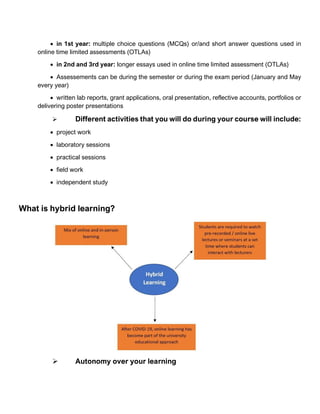 • in 1st year: multiple choice questions (MCQs) or/and short answer questions used in
online time limited assessments (OTLAs)
• in 2nd and 3rd year: longer essays used in online time limited assessment (OTLAs)
• Assessements can be during the semester or during the exam period (January and May
every year)
• written lab reports, grant applications, oral presentation, reflective accounts, portfolios or
delivering poster presentations
➢ Different activities that you will do during your course will include:
• project work
• laboratory sessions
• practical sessions
• field work
• independent study
What is hybrid learning?
➢ Autonomy over your learning
 