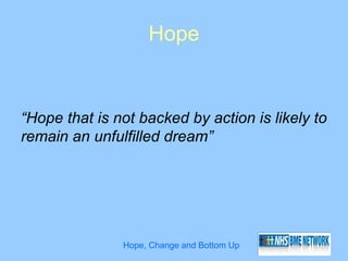 Hope


“Hope that is not backed by action is likely to
remain an unfulfilled dream”




               Hope, Change and Bottom Up
 