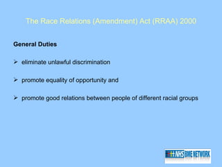 The Race Relations (Amendment) Act (RRAA) 2000


General Duties

 eliminate unlawful discrimination

 promote equality of opportunity and

 promote good relations between people of different racial groups
 