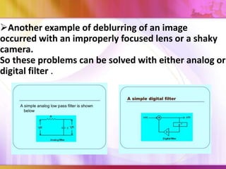 Another example of deblurring of an image
occurred with an improperly focused lens or a shaky
camera.
So these problems can be solved with either analog or
digital filter .
 