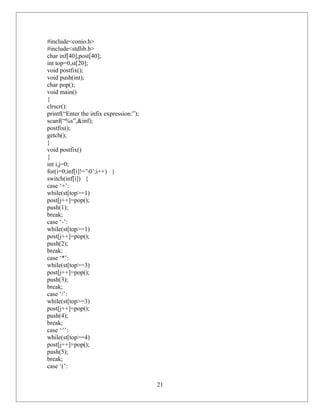 #include<conio.h>
#include<stdlib.h>
char inf[40],post[40];
int top=0,st[20];
void postfix();
void push(int);
char pop();
void main()
{
clrscr():
printf(“Enter the infix expression:”);
scanf(“%s”,&inf);
postfix();
getch();
}
void postfix()
{
int i,j=0;
for(i=0;inf[i]!=’0’;i++) {
switch(inf[i]) {
case ‘+’:
while(st[top>=1)
post[j++]=pop();
push(1);
break;
case ‘-’:
while(st[top>=1)
post[j++]=pop();
push(2);
break;
case ‘*’:
while(st[top>=3)
post[j++]=pop();
push(3);
break;
case ‘/’:
while(st[top>=3)
post[j++]=pop();
push(4);
break;
case ‘^’:
while(st[top>=4)
post[j++]=pop();
push(5);
break;
case ‘(’:

                                         21
 