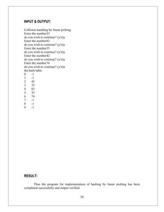 INPUT & OUTPUT:

Collision handling by linear probing
Enter the number33
do you wish to continue? (y/n)y
Enter the number83
do you wish to continue? (y/n)y
Enter the number35
do you wish to continue? (y/n)y
Enter the number42
do you wish to continue? (y/n)y
Enter the number74
do you wish to continue? (y/n)n
the hash table
0     -1
1     -1
2     42
3     33
4     83
5     35
6     74
7     -1
8     -1
9     -1




RESULT:

      Thus the program for implementation of hashing by linear probing has been
completed successfully and output verified.

                                       50
 
