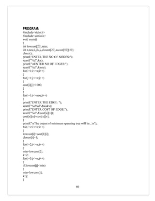 PROGRAM:
#include<stdio.h>
#include<conio.h>
void main()
{
int lowcost[20],min;
int n,noe,i,j,k,v,closest[20],u,cost[50][50];
clrscr();
printf("ENTER THE NO OF NODES:");
scanf("%d",&n);
printf("nENTER NO OF EDGES:");
scanf("%d",&noe);
for(i=1;i<=n;i++)
{
for(j=1;j<=n;j++)
{
cost[i][j]=1000;
}
}
for(i=1;i<=noe;i++)
{
printf("ENTER THE EDGE: ");
scanf("%d%d",&u,&v);
printf("ENTER COST OF EDGE:");
scanf("%d",&cost[u][v]);
cost[v][u]=cost[u][v];
}
printf("nThe output of minimum spanning tree will be...n");
for(i=2;i<=n;i++)
{
lowcost[i]=cost[1][i];
closest[i]=1;
}
for(i=2;i<=n;i++)
{
min=lowcost[2];
k=2;
for(j=3;j<=n;j++)
{
if(lowcost[j]<min)
{
min=lowcost[j];
k=j;
}

                                           60
 