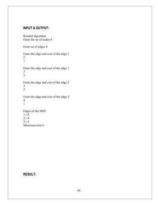INPUT & OUTPUT:

Kruskal algorithm
Enter the no of nodes:4

Enter no of edges:4

Enter the edge and cost of the edge:1
2
1

Enter the edge and cost of the edge:1
3
3

Enter the edge and cost of the edge:2
3
2

Enter the edge and cost of the edge:2
4
1

Edges of the MST
1->2
2->4
2->3
Minimum cost:4




RESULT:



                                        66
 