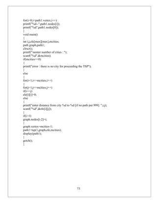 for(i=0;i<path1.vertex;i++)
printf("%d--",path1.nodes[i]);
printf("%d",path1.nodes[0]);
}
void main()
{
int i,j,ele[max][max],mcities;
path graph,path1;
clrscr();
printf("nenter number of cities : ");
scanf("%d",&mcities);
if(mcities==0)
{
printf("error : there is no city for proceeding the TSP");
}
else
{
for(i=1;i<=mcities;i++)
{
for(j=1;j<=mcities;j++)
if(i==j)
ele[i][i]=0;
else
{
printf("enter distance from city %d to %d [if no path put 999]: ",i,j);
scanf("%d",&ele[i][j]);
}
if(i>1)
graph.nodes[i-2]=i;
}
graph.vertex=mcities-1;
path1=tsp(1,graph,ele,mcities);
display(path1);
}
getch();
}




                                             73
 