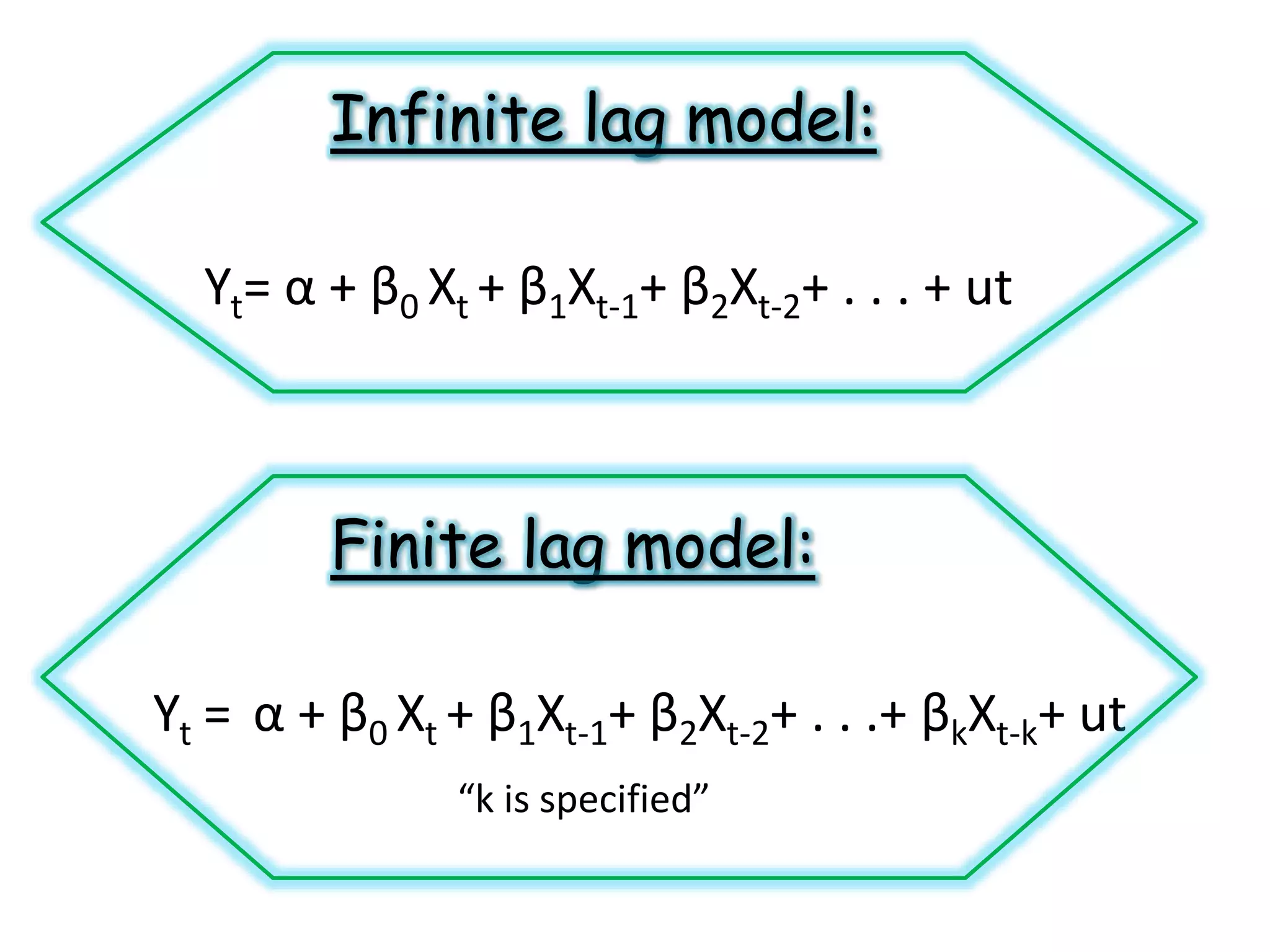 Infinite lag model:
Yt= α + β0 Xt + β1Xt-1+ β2Xt-2+ . . . + ut
Finite lag model:
Yt = α + β0 Xt + β1Xt-1+ β2Xt-2+ . . .+ βkXt-k+ ut
“k is specified”
 