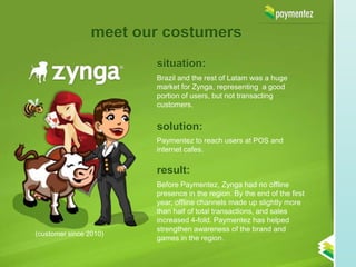 meet our costumers
                        situation:
                        Brazil and the rest of Latam was a huge
                        market for Zynga, representing a good
                        portion of users, but not transacting
                        customers.


                        solution:
                        Paymentez to reach users at POS and
                        internet cafes.

                        result:
                        Before Paymentez, Zynga had no offline
                        presence in the region. By the end of the first
                        year, offline channels made up slightly more
                        than half of total transactions, and sales
                        increased 4-fold. Paymentez has helped
                        strengthen awareness of the brand and
(customer since 2010)
                        games in the region.
 