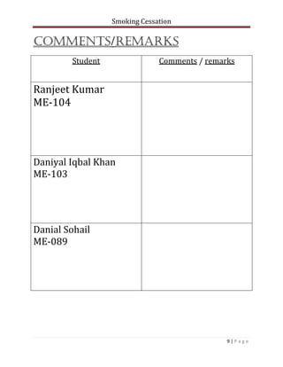 Smoking Cessation
9 | P a g e
Comments/remarks
Student Comments / remarks
Ranjeet Kumar
ME-104
Daniyal Iqbal Khan
ME-103
Danial Sohail
ME-089
 