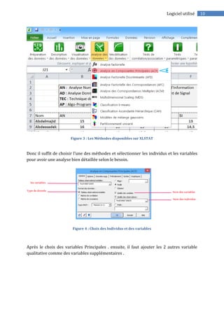 10Logiciel utilisé
Figure 3 : Les Méthodes disponibles sur XLSTAT
Donc il suffit de choisir l’une des méthodes et sélectionner les individus et les variables
pour avoir une analyse bien détaillée selon le besoin.
Figure 4 : Choix des Individus et des variables
Après le choix des variables Principales . ensuite, il faut ajouter les 2 autres variable
qualitative comme des variables supplémentaires .
 