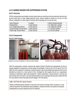6.4.5 CARBON DIOXIDE FIRE SUPPRESSION SYSTEM
6.4.5.1 Overview
CO2 fire extinguishers are located at rooms where there are machines and many electrical devices such
as the control room or high voltage electrical rooms. Carbon dioxide is chosen as not only it is fast
efficient, adaptable to a wide range of hazards without damage and it is also low-cost.
Area Protection Location Carbon Dioxide Quantity
Genset Room Lower Ground 12 x 45kg CO2 cylinder
Low Voltage Switch Room Lower Ground 14 x 45kg CO2 cylinder
Consumer High Tension Room Lower Ground 11 x 45 CO2 cylinder
Chiller High Tension Room Lower Ground 6 x 45 CO2 cylinder
6.4.5.3 Components
6.4.5.3.1 CO2 Cylinders
CO2 fire extinguishers contains chemical gas agents (Carbon Dioxide) that extinguishes the fire by
oxygen depletion by lowering the normal oxygen concentration in the air from 21% to about 12%-10%
below the limit required for combustion whilst providing a safe and breathable atmosphere which can be
tolerated by humans for a short period of time. Amongst the other gases that act as a suppression
comprises of halocarbon agent and sopropenyl-1 methyl cyclohexene. Carbon dioxide is not toxic and
will not break down into toxic or corrosive decomposition such as hydrogen fluoride upon contact with fire
form by-products unlike chemically derived Halogen 1301 derivatives.
FIGURE 6.4.5b CO2 CYLINDERSFIGURE 6.4.5a CO2 CYLINDERS AT HIGH VOLTAGE ROOMS
UBBL- SECTION 236: Special Hazards
Places constituting special hazards or risks due to the nature of storage, trade, occupancy, or size
shall be required to be protected by fixed installations, protective devices and systems and special
extinguishers as may be required by the Fire Authority.
 