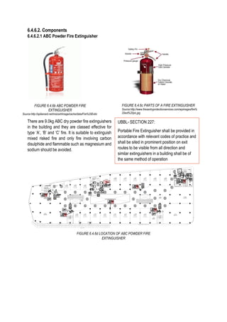 6.4.6.2. Components
6.4.6.2.1 ABC Powder Fire Extinguisher
There are 9.0kg ABC dry powder fire extinguishers
in the building and they are classed effective for
type ‘A’, ‘B’ and ‘C’ fire. It is suitable to extinguish
mixed risked fire and only fire involving carbon
disulphide and flammable such as magnesium and
sodium should be avoided.
FIGURE 6.4.6d LOCATION OF ABC POWDER FIRE
EXTINGUISHER
FIGURE 6.4.6b ABC POWDER FIRE
EXTINGUISHER
Source:http://spikenard.net/msicart/image/cache/data/Fire%20Extin
g4kg-500x500.gif
UBBL- SECTION 227:
Portable Fire Extinguisher shall be provided in
accordance with relevant codes of practice and
shall be sited in prominent position on exit
routes to be visible from all direction and
similar extinguishers in a building shall be of
the same method of operation
FIGURE 6.4.6c PARTS OF A FIRE EXTINGUISHER
Source:http://www.firesentryprotectionservices.com/wpimages/fire%
20ext%20pic.jpg
 