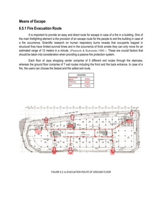 Means of Escape
6.5.1 Fire Evacuation Route
It is important to provide an easy and direct route for escape in case of a fire in a building. One of
the main firefighting element is the provision of an escape route for the people to exit the building in case of
a fire occurrence. Scientific research on human respiratory burns reveals that occupants trapped in
structural fires have limited survival times and in the occurrence of thick smoke they can only move for an
estimated range of 12 meters in a minute. (Peacock & Bukowski,1990 ) These are crucial factors that
should be taken into consideration when providing a passive fire protection system.
Each floor of Jaya shopping center comprise of 5 different exit routes through the staircase,
whereas the ground floor comprise of 7 exit routes including the front and the back entrance. In case of a
fire, the users can choose the fastest and the safest exit route.
FIGURE 6.2.1a EVACUATION ROUTE OF GROUND FLOOR
 