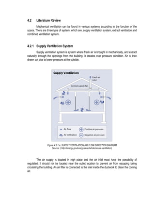 4.2 Literature Review
Mechanical ventilation can be found in various systems according to the function of the
space. There are three type of system, which are, supply ventilation system, extract ventilation and
combined ventilation system.
4.2.1 Supply Ventilation System
Supply ventilation system is system where fresh air is brought in mechanically, and extract
naturally through the openings from the building. It creates over pressure condition. Air is then
drawn out due to lower pressure at the outside.
Figure 4.2.1.a: SUPPLY VENTILATION AIR FLOW DIRECTION DIAGRAM
Source :( http://energy.gov/energysaver/whole-house-ventilation)
The air supply is located in high place and the air inlet must have the possibility of
regulated. It should not be located near the outlet location to prevent air from escaping being
circulating the building. An air filter is connected to the inlet inside the ductwork to clean the coming
air.
 
