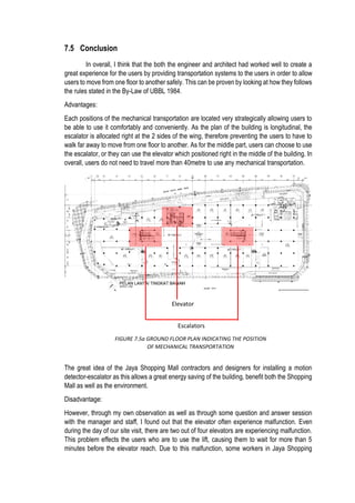 7.5 Conclusion
In overall, I think that the both the engineer and architect had worked well to create a
great experience for the users by providing transportation systems to the users in order to allow
users to move from one floor to another safely. This can be proven by looking at how they follows
the rules stated in the By-Law of UBBL 1984.
Advantages:
Each positions of the mechanical transportation are located very strategically allowing users to
be able to use it comfortably and conveniently. As the plan of the building is longitudinal, the
escalator is allocated right at the 2 sides of the wing, therefore preventing the users to have to
walk far away to move from one floor to another. As for the middle part, users can choose to use
the escalator, or they can use the elevator which positioned right in the middle of the building. In
overall, users do not need to travel more than 40metre to use any mechanical transportation.
The great idea of the Jaya Shopping Mall contractors and designers for installing a motion
detector-escalator as this allows a great energy saving of the building, benefit both the Shopping
Mall as well as the environment.
Disadvantage:
However, through my own observation as well as through some question and answer session
with the manager and staff, I found out that the elevator often experience malfunction. Even
during the day of our site visit, there are two out of four elevators are experiencing malfunction.
This problem effects the users who are to use the lift, causing them to wait for more than 5
minutes before the elevator reach. Due to this malfunction, some workers in Jaya Shopping
Escalators
Elevator
FIGURE 7.5a GROUND FLOOR PLAN INDICATING THE POSITION
OF MECHANICAL TRANSPORTATION
 
