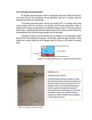 4.3.1.2 Lift Lobby Pressurized System
For lift lobby pressurized system, the fan is single speed motor only, located at the roof top.
It will draw fresh air from atmosphere into the galvanized metal duct or masonry shaft and
discharge into lift lobby via individual grille.
For lift lobby pressurized system, the fans are normally ‘OFF’ or at standby mode during
normal condition. Each fan is serving to one lift lobby. Each lift lobby pressurization system is
equipped with motorized by-pass damper and differential pressure sensor. This by-pass pressure
sensor helps in maintaining each lobby with adjacent area at 45 Pa. excess air will be relieved into
the atmosphere by the motorized by-pass damper at the fan discharge.
Passenger lift lobby and service lift lobby will be protected by air pressurization system
during the fire mode. Motorized fire dampers in the lift lobby require fire signal connection. These
dampers are normally closed and will be triggered open for the floor on fire based on sandwich
basis.
FIGURE4.3.1.2 A PRESSURIZATION OF LIFT LOBBY AREA AND STAIRWELL
ASHARE-6.4.3.4
Ventilation System Controls
(2) Shutoff damper controls all outdoor air intake
with motorized dampers that will automatically shut
when the system or spaces served are not in use.
Ventilation outdoor air or exhaust/relief dampers
shall be capable of automatically shutting off
during preoccupancy building warm-up, cool down,
and setback, except when ventilation reduces
energy cost or when ventilation must be supplied
to meet code requirement.
Figure4.3.1.2b Dampers located at lift lobby
 