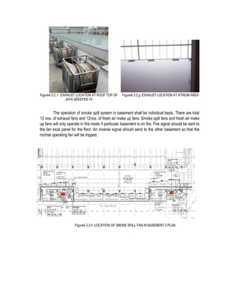 Figure4.3.2. f : EXHAUST LOCATION AT ROOF TOP OF
JAYA SEKSYEN 14
Figure4.3.2.g :EXHAUST LOCATION AT ATRIUM AREA
The operation of smoke spill system in basement shall be individual basis. There are total
12 nos. of exhaust fans and 12nos. of fresh air make up fans. Smoke spill fans and fresh air make
up fans will only operate in fire mode if particular basement is on fire. Fire signal should be sent to
the fan local panel for the floor. An inverse signal should send to the other basement so that the
normal operating fan will be tripped.
Figure4.3.2.h :LOCATION OF SMOKE SPILL FAN IN BASEMENT 2 PLAN.
 