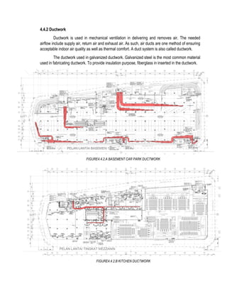 4.4.2 Ductwork
Ductwork is used in mechanical ventilation in delivering and removes air. The needed
airflow include supply air, return air and exhaust air. As such, air ducts are one method of ensuring
acceptable indoor air quality as well as thermal comfort. A duct system is also called ductwork.
The ductwork used in galvanized ductwork. Galvanized steel is the most common material
used in fabricating ductwork. To provide insulation purpose, fiberglass in inserted in the ductwork.
FIGURE4.4.2.A BASEMENT CAR PARK DUCTWORK
FIGURE4.4.2.B KITCHEN DUCTWORK
 