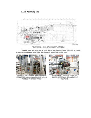 5.4.1.6 Water Pump Sets
FIGURE 5.4.1.6a : ROOF PLAN (CHILLER PLANT ROOM)
The water pump sets are located on the 6th floor of Jaya Shopping Center. It functions as a pump
to return warm chilled water to the chiller, and also pumps water to every A.H.U. room.
FIGURE 5.4.1.6b : Condensed Water Supply/Return
(CDWS/CDWR) collects the water from A.H.U. or F.C.U.
AND SEND TO COOLING TOWER
FIGURE 5.4.1.6c : PRESSURE GAUGE AND
TEMPERATURE SENSOR IS PLACED AT THE
PUMPSETS
 