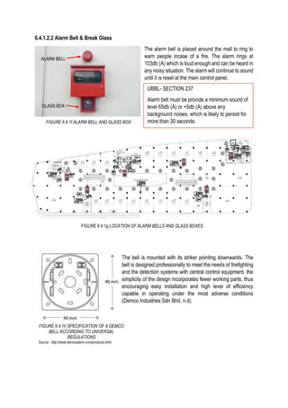 6.4.1.2.2 Alarm Bell & Break Glass
The alarm bell is placed around the mall to ring to
warn people incase of a fire. The alarm rings at
103db (A) which is loud enough and can be heard in
any noisy situation. The alarm will continue to sound
until it is reset at the main control panel.
The bell is mounted with its striker pointing downwards. The
bell is designed professionally to meet the needs of firefighting
and the detection systems with central control equipment, the
simplicity of the design incorporates fewer working parts, thus
encouraging easy installation and high level of efficiency
capable in operating under the most adverse conditions
(Demco Industries Sdn Bhd, n.d).
FIGURE 6.4.1f ALARM BELL AND GLASS BOX
ALARM BELL
GLASS BOX
FIGURE 6.4.1g LOCATION OF ALARM BELLS AND GLASS BOXES
UBBL- SECTION 237
Alarm bell must be provide a minimum sound of
level 65db (A) or +5db (A) above any
background noises, which is likely to persist for
more than 30 seconds.
FIGURE 6.4.1h SPECIFICATION OF A DEMCO
BELL ACCORDING TO UNIVERSAL
REGULATIONS
Source : http://www.demcoalarm.com/products.html
 