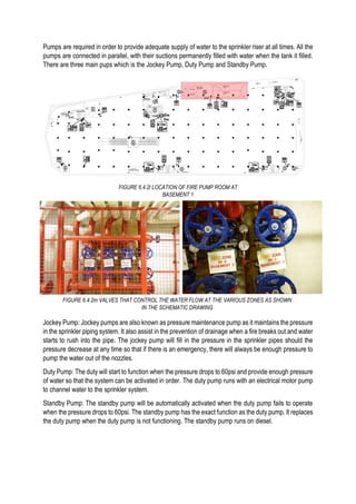Pumps are required in order to provide adequate supply of water to the sprinkler riser at all times. All the
pumps are connected in parallel, with their suctions permanently filled with water when the tank it filled.
There are three main pups which is the Jockey Pump, Duty Pump and Standby Pump.
Jockey Pump: Jockey pumps are also known as pressure maintenance pump as it maintains the pressure
in the sprinkler piping system. It also assist in the prevention of drainage when a fire breaks out and water
starts to rush into the pipe. The jockey pump will fill in the pressure in the sprinkler pipes should the
pressure decrease at any time so that if there is an emergency, there will always be enough pressure to
pump the water out of the nozzles.
Duty Pump: The duty will start to function when the pressure drops to 60psi and provide enough pressure
of water so that the system can be activated in order. The duty pump runs with an electrical motor pump
to channel water to the sprinkler system.
Standby Pump: The standby pump will be automatically activated when the duty pump fails to operate
when the pressure drops to 60psi. The standby pump has the exact function as the duty pump. It replaces
the duty pump when the duty pump is not functioning. The standby pump runs on diesel.
FIGURE 6.4.2l LOCATION OF FIRE PUMP ROOM AT
BASEMENT 1
FIGURE 6.4.2m VALVES THAT CONTROL THE WATER FLOW AT THE VARIOUS ZONES AS SHOWN
IN THE SCHEMATIC DRAWING
 