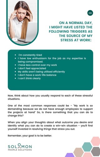 ON A NORMAL DAY,
I MIGHT HAVE LISTED THE
FOLLOWING TRIGGERS AS
THE SOURCE OF MY
STRESS AT WORK:
I’m constantly tired
I hav...