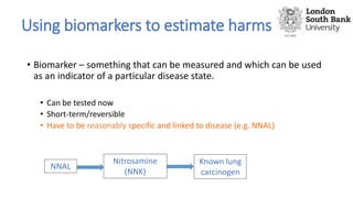 Using biomarkers to estimate harms
• Biomarker – something that can be measured and which can be used
as an indicator of a particular disease state.
• Can be tested now
• Short-term/reversible
• Have to be reasonably specific and linked to disease (e.g. NNAL)
NNAL
Nitrosamine
(NNK)
Known lung
carcinogen
 