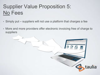 Supplier Value Proposition 5:
No Fees
•   Simply put – suppliers will not use a platform that charges a fee

•   More and more providers offer electronic invoicing free of charge to
    suppliers
 