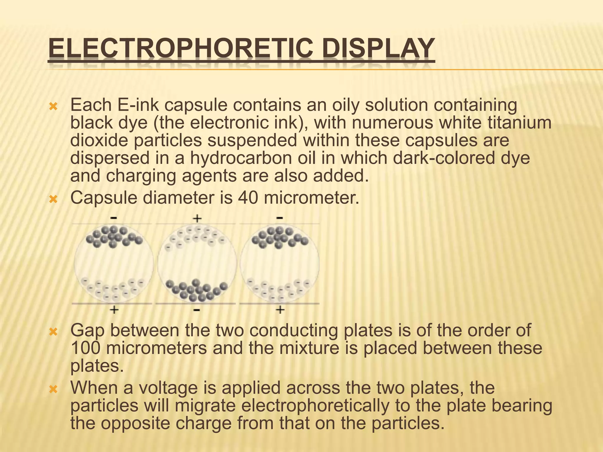 ELECTROPHORETIC DISPLAY
 Each E-ink capsule contains an oily solution containing
black dye (the electronic ink), with numerous white titanium
dioxide particles suspended within these capsules are
dispersed in a hydrocarbon oil in which dark-colored dye
and charging agents are also added.
 Capsule diameter is 40 micrometer.
 Gap between the two conducting plates is of the order of
100 micrometers and the mixture is placed between these
plates.
 When a voltage is applied across the two plates, the
particles will migrate electrophoretically to the plate bearing
the opposite charge from that on the particles.
 