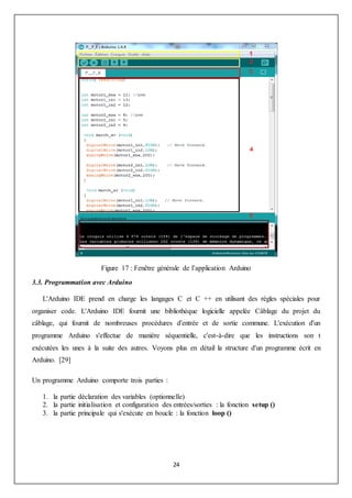 24
Figure 17 : Fenêtre générale de l’application Arduino
3.3. Programmation avec Arduino
L'Arduino IDE prend en charge les langages C et C ++ en utilisant des règles spéciales pour
organiser code. L'Arduino IDE fournit une bibliothèque logicielle appelée Câblage du projet du
câblage, qui fournit de nombreuses procédures d'entrée et de sortie commune. L'exécution d'un
programme Arduino s'effectue de manière séquentielle, c'est-à-dire que les instructions son t
exécutées les unes à la suite des autres. Voyons plus en détail la structure d'un programme écrit en
Arduino. [29]
Un programme Arduino comporte trois parties :
1. la partie déclaration des variables (optionnelle)
2. la partie initialisation et configuration des entrées/sorties : la fonction setup ()
3. la partie principale qui s'exécute en boucle : la fonction loop ()
 