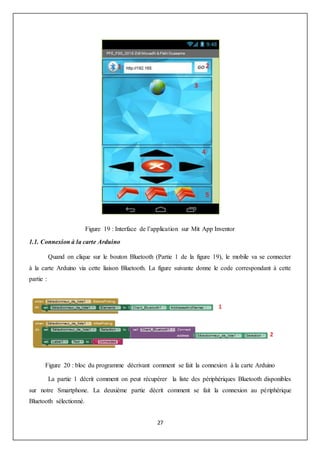 27
Figure 19 : Interface de l’application sur Mit App Inventor
1.1. Connexion à la carte Arduino
Quand on clique sur le bouton Bluetooth (Partie 1 de la figure 19), le mobile va se connecter
à la carte Arduino via cette liaison Bluetooth. La figure suivante donne le code correspondant à cette
partie :
Figure 20 : bloc du programme décrivant comment se fait la connexion à la carte Arduino
La partie 1 décrit comment on peut récupérer la liste des périphériques Bluetooth disponibles
sur notre Smartphone. La deuxième partie décrit comment se fait la connexion au périphérique
Bluetooth sélectionné.
 