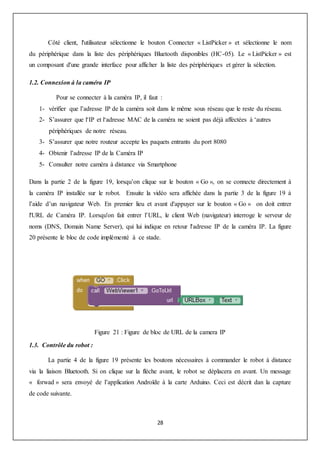 28
Côté client, l'utilisateur sélectionne le bouton Connecter « ListPicker » et sélectionne le nom
du périphérique dans la liste des périphériques Bluetooth disponibles (HC-05). Le « ListPicker » est
un composant d'une grande interface pour afficher la liste des périphériques et gérer la sélection.
1.2. Connexion à la caméra IP
Pour se connecter à la caméra IP, il faut :
1- vérifier que l’adresse IP de la caméra soit dans le même sous réseau que le reste du réseau.
2- S’assurer que l‘IP et l‘adresse MAC de la caméra ne soient pas déjà affectées à ‘autres
périphériques de notre réseau.
3- S’assurer que notre routeur accepte les paquets entrants du port 8080
4- Obtenir l’adresse IP de la Caméra IP
5- Consulter notre caméra à distance via Smartphone
Dans la partie 2 de la figure 19, lorsqu’on clique sur le bouton « Go », on se connecte directement à
la caméra IP installée sur le robot. Ensuite la vidéo sera affichée dans la partie 3 de la figure 19 à
l’aide d’un navigateur Web. En premier lieu et avant d'appuyer sur le bouton « Go » on doit entrer
l'URL de Caméra IP. Lorsqu'on fait entrer l’URL, le client Web (navigateur) interroge le serveur de
noms (DNS, Domain Name Server), qui lui indique en retour l'adresse IP de la caméra IP. La figure
20 présente le bloc de code implémenté à ce stade.
Figure 21 : Figure de bloc de URL de la camera IP
1.3. Contrôle du robot :
La partie 4 de la figure 19 présente les boutons nécessaires à commander le robot à distance
via la liaison Bluetooth. Si on clique sur la flèche avant, le robot se déplacera en avant. Un message
« forwad » sera envoyé de l’application Androïde à la carte Arduino. Ceci est décrit dan la capture
de code suivante.
 