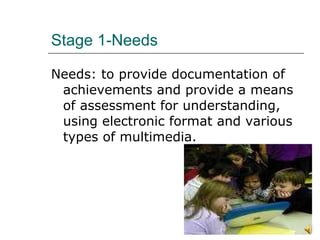 Stage 1-Needs Needs: to provide documentation of achievements and provide a means of assessment for understanding, using electronic format and various types of multimedia.  