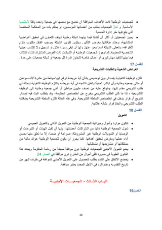 10
•
‫للجمعيات‬
‫الوطنية‬
‫ا‬ً‫ق‬‫وف‬ ‫واحدة‬ ‫جمعية‬ ‫في‬ ‫بعضها‬ ‫مع‬ ‫تندمج‬ ‫أن‬ ‫المتوافقة‬ ‫األهداف‬ ‫ذات‬
‫ألنظمتها‬
‫و‬ .‫األساسية‬
ّ‫ل‬‫ح‬‫ت‬
‫أعضائها‬ ‫من‬ ‫بطلب‬ ‫الجمعيات‬
،‫المؤسسين‬
‫المختصة‬ ‫المحكمة‬ ‫من‬ ‫بات‬ ‫بحكم‬ ‫أو‬
‫الجمعية‬ ‫إدارة‬ ‫مقر‬ ‫فيها‬ ‫يقع‬ ‫التي‬
•
‫شبكة‬ ‫بينهما‬ ‫فيما‬ ‫نشئا‬‫ت‬ ‫أن‬ ‫أكثر‬ ‫أو‬ ‫لجمعيتين‬ ‫يجوز‬
‫وطنية‬
‫أغراضها‬ ‫تحقيق‬ ‫في‬ ‫للتعاون‬ ‫تهدف‬
‫لزم‬‫م‬ ‫مكتوب‬ ‫اتفاق‬ ‫بموجب‬ ‫الشبكة‬ ‫تكوين‬ ‫ويكون‬ .‫التأثير‬ ‫بغرض‬ ‫طاقاتها‬ ‫وحشد‬ ،‫المتشابهة‬
‫حينها‬ ‫تكتسب‬ ‫وال‬ ‫تسجيل‬ ‫أو‬ ‫إعالن‬ ‫دون‬ ‫تبقى‬ ‫أن‬ ‫ولها‬ .‫عنها‬ ‫يعبر‬ ‫اسما‬ ‫الشبكة‬ ‫وتعطى‬ ،‫ألطرافه‬
‫للجمعيات‬ ‫يجوز‬ ‫كما‬ .‫المعنوية‬ ‫الشخصية‬
‫الوطنية‬
‫ائتالف‬ ‫إنشاء‬ ‫المشترك‬ ‫الغرض‬ ‫ذات‬ ‫الشبكات‬ ‫أو‬
‫قدرة‬ ‫تتجاوز‬ ‫خاصة‬ ‫أعمال‬ ‫أو‬ ‫كبرى‬ ‫مهام‬ ‫لتنفيذ‬ ‫بينها‬ ‫فيما‬
‫حدة‬ ‫على‬ ‫جمعيات‬ ‫شبكة‬ ‫أو‬ ‫جمعية‬ ‫كل‬
.
‫الفصل‬
17
‫التشريعية‬ ‫والطلبات‬ ‫الشعبية‬ ‫العرائض‬
‫تلتزم‬
‫الوظيفة‬
‫مواطن‬ ‫آالف‬ ‫عشرة‬ ‫من‬ ‫موقعة‬ ‫إليها‬ ‫ترفع‬ ‫عريضة‬ ‫أية‬ ‫بشأن‬ ‫توضيحي‬ ‫بيان‬ ‫بإصدار‬ ‫التنفيذية‬
‫مئتي‬ ‫أو‬
‫جمعية‬
‫وطنية‬
‫وتلتزم‬ ‫عريضة‬ ‫أية‬ ‫في‬ ‫نتائجه‬ ‫وتعلن‬ ‫ا‬ً‫ق‬‫تحقي‬ ‫تباشر‬ ‫وأن‬
‫الوظيفة‬
‫أي‬ ‫بإحالة‬ ‫التنفيذية‬
‫جمعية‬ ‫ألفي‬ ‫أو‬ ‫مواطن‬ ‫مليون‬ ‫نصف‬ ‫من‬ ‫عليه‬ ‫وقع‬‫وم‬ ،‫إليها‬ ‫مقدم‬ ‫تشريعي‬ ‫طلب‬
‫وطنية‬
‫إلى‬
‫الوظيفة‬
‫يتطلب‬ ‫وقد‬ ،‫الحكومة‬ ‫اختصاص‬ ‫عن‬ ‫يخرج‬ ‫التشريعي‬ ‫الطلب‬ ‫كان‬ ‫ما‬ ‫إذا‬ ، ‫التشريعية‬
‫إصدار‬ ‫فيه‬ ‫البت‬
‫بمناقشة‬ ‫التشريعية‬ ‫السلطة‬ ‫تلتزم‬ ‫الحالة‬ ‫هذه‬ ‫وفي‬ .‫التشريعية‬ ‫السلطة‬ ‫اختصاص‬ ‫في‬ ‫يدخل‬ ‫قرار‬ ‫أو‬ ‫تشريع‬
,‫عالنية‬ ‫بشأنه‬ ‫قرار‬ ‫واتخاذ‬ ‫التشريعي‬ ‫الطلب‬
‫الفصل‬
18
‫التمويل‬
•
‫تتكون‬
‫وميزان‬ ‫وأموال‬ ‫موارد‬
‫الجمعية‬ ‫ية‬
‫الوطنية‬
‫الذاتي‬ ‫التمويل‬ ‫من‬
‫العمومي‬ ‫والتمويل‬
•
‫الجمعية‬ ‫تمول‬
‫الوطنية‬
‫ذاتي‬
‫الهبات‬ ‫تقبل‬ ‫أن‬ ‫ولها‬ ،‫أعضائها‬ ‫اشتراكات‬ ‫من‬ ‫ا‬
‫أو‬ ‫التبرعات‬ ‫أو‬
‫التمو‬ ‫أو‬ ‫الوصايا‬
‫يالت‬
‫الوطنية‬
‫الم‬ ‫غير‬
‫صراحة‬ ،‫شروطة‬
‫ضمن‬ ‫أو‬
‫بحسن‬ ‫منها‬ ‫تعلق‬ ‫ما‬ ‫إال‬ ،‫ا‬
‫للج‬ ‫يكون‬ ‫أن‬ ‫يجوز‬ ‫كما‬ .‫أهدافها‬ ‫تحقيق‬ ‫وبغرض‬ ‫عملها‬ ‫أداء‬
‫معية‬
‫الوطنية‬
‫عوائد‬
‫مالية‬
‫من‬
‫مشار‬ ‫أو‬ ‫ممتلكاتها‬
‫نشاطاتها‬ ‫أو‬ ‫يعها‬
.
•
‫يمنع‬
‫األجنبي‬ ‫التمويل‬
‫الوطنية‬ ‫للجمعيات‬
‫مسبقة‬ ‫موافقة‬ ‫دون‬
‫الحكومة‬ ‫رئاسة‬ ‫من‬
‫هذا‬ ‫ويحدد‬
‫الخارج‬ ‫من‬ ‫أموال‬ ‫تلقي‬ ‫صورة‬ ‫في‬ ‫العقوبة‬ ‫القانون‬
‫موافقة‬ ‫دون‬
‫في‬
‫الفصل‬
24
•
‫يخضع‬
‫األجنبي‬ ‫التمويل‬ ‫على‬ ‫للحصول‬ ‫بطلب‬ ‫التقدم‬ ‫على‬ ‫االتفاق‬
‫من‬ ‫شهر‬ ‫ظرف‬ ‫في‬ ‫للموافقة‬
.‫موافقة‬ ‫يعتبر‬ ‫المحدد‬ ‫األجل‬ ‫في‬ ‫الرد‬ ‫وعدم‬ ‫به‬ ‫التقدم‬ ‫تاريخ‬
‫الثــالث‬ ‫البــاب‬
-
‫األجنبيــة‬ ‫الجمعيــــات‬
‫الفصل‬
19
 