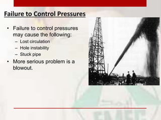 Failure to Control Pressures
• Failure to control pressures
may cause the following:
– Lost circulation
– Hole instability
– Stuck pipe
• More serious problem is a
blowout.
 