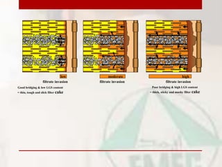 Good bridging & low LGS content
= thin, tough and slick filter cake
Poor bridging & high LGS content
= thick, sticky and mushy filter cake
high
filtrate invasion
low moderate
filtrate invasion
filtrate invasion
 