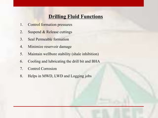 Drilling Fluid Functions
1. Control formation pressures
2. Suspend & Release cuttings
3. Seal Permeable formation
4. Minimize reservoir damage
5. Maintain wellbore stability (shale inhibition)
6. Cooling and lubricating the drill bit and BHA
7. Control Corrosion
8. Helps in MWD, LWD and Logging jobs
 