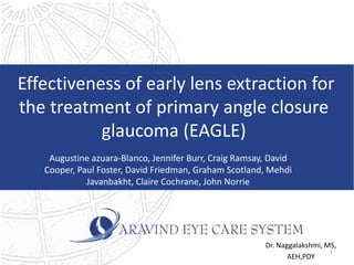 Effectiveness of early lens extraction for
the treatment of primary angle closure
glaucoma (EAGLE)
Dr. Naggalakshmi, MS,
AEH,PDY
1
Augustine azuara-Blanco, Jennifer Burr, Craig Ramsay, David
Cooper, Paul Foster, David Friedman, Graham Scotland, Mehdi
Javanbakht, Claire Cochrane, John Norrie
 