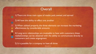 Overall
1) There are three main types of media: paid, owned, and earned

2) All have the ability to effect one another

3) When utilized properly, the three elements can increase the marketing
effectiveness by considerable amounts

4) Long term relationships are invaluable to have with customers; these
realtationships can be obtained with the ability to communicate directly to
consumers and create engangment

5) It is possible for a company to have all three
                                  Mavensocial.com
 