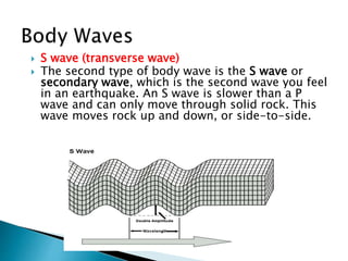  S wave (transverse wave)
 The second type of body wave is the S wave or
secondary wave, which is the second wave you feel
in an earthquake. An S wave is slower than a P
wave and can only move through solid rock. This
wave moves rock up and down, or side-to-side.
 